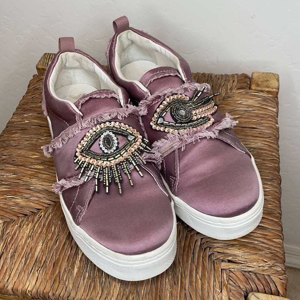Sam Edelman Mauve Satin Slip-On Sneakers with Beaded Eye Embellishment